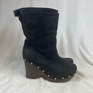 UGG Lynnea Stud Shearling Lined Black Leather Clog Wedge Heel Boots US Sz 9